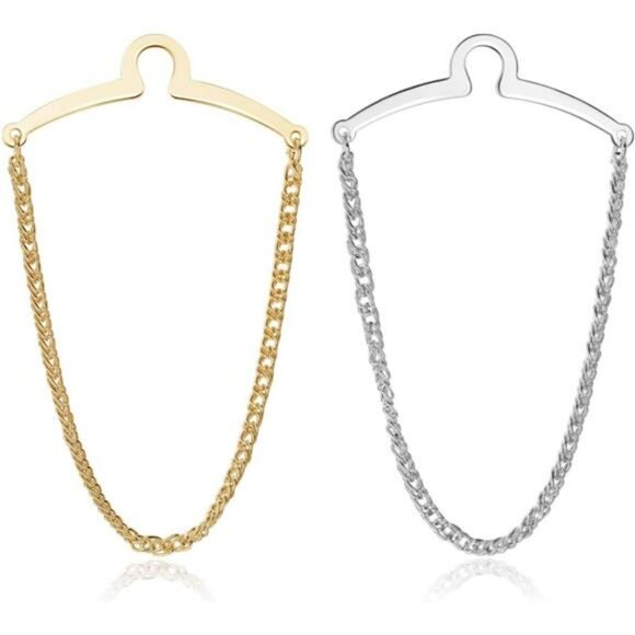 Mens tie chain set gold silver collar bar cravat pin formal wedding accessory - Picture 1 of 8